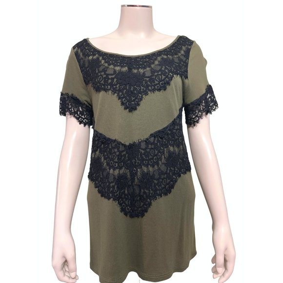 A.N.A. A New Approach Olive Green Black Lace 100% Rayon Short Sleeve Blouse Size - Picture 1 of 8